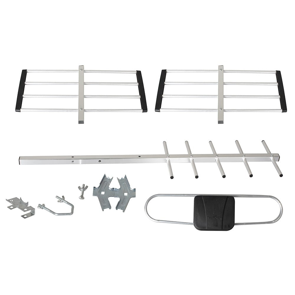 Zestaw antenowy. Zawiera dwie anteny, antenę centralną i różne elementy montażowe.