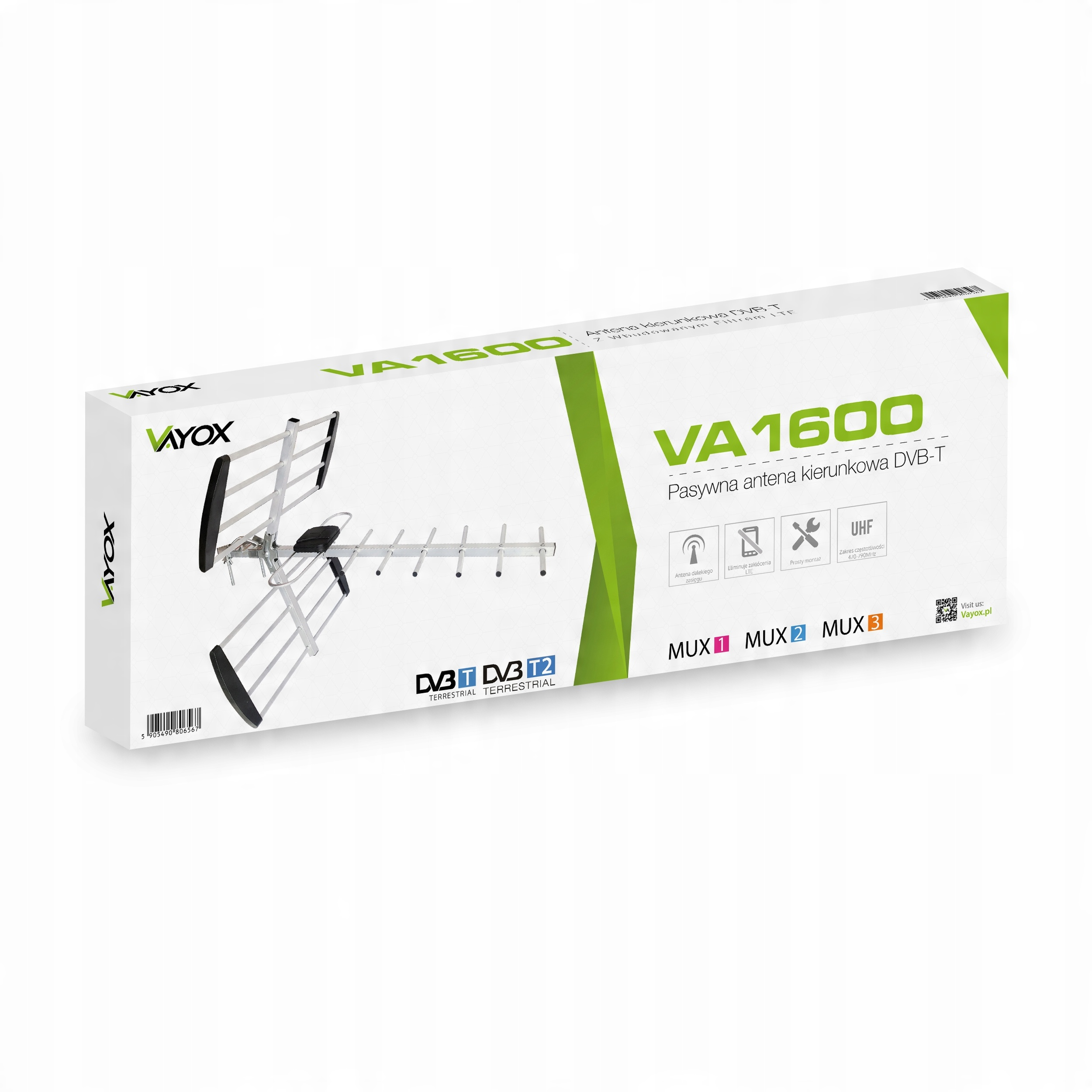 Biało-zielone pudełko z anteną TV i napisem 'VA1600' na froncie.
