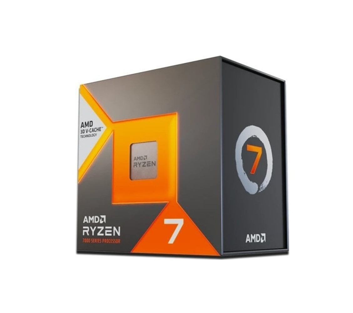 Una scatola nera e arancione con un'etichetta AMD Ryzen 7, la scatola è su uno sfondo bianco.