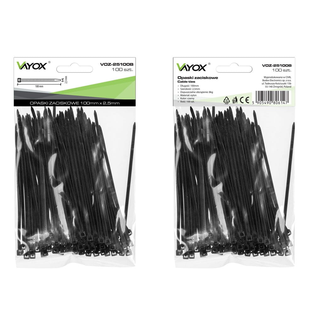 Dwa opakowania czarnych opasek zaciskowych. Jedno opakowanie wyświetla wymiary i specyfikacje.