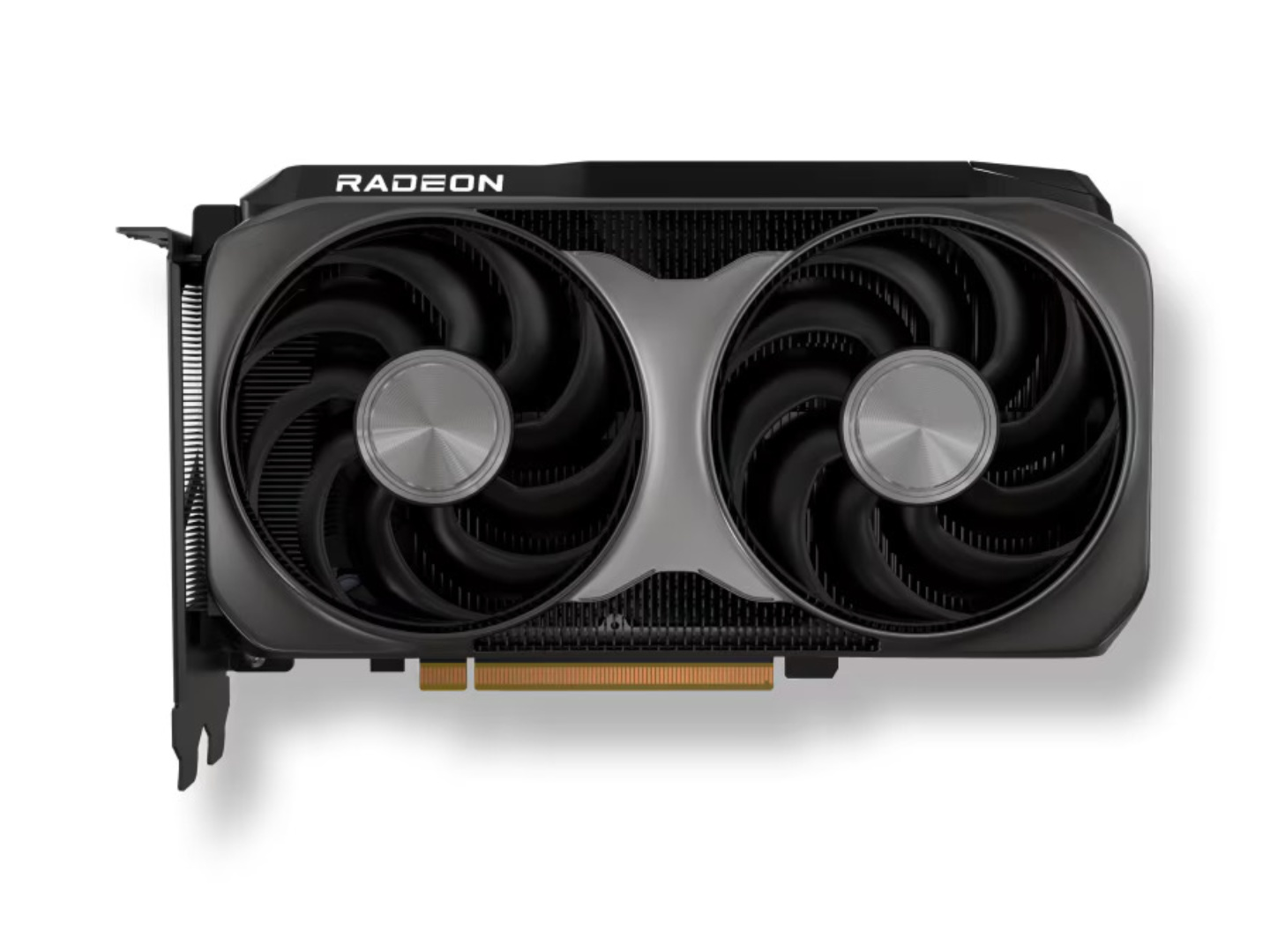 Una scheda grafica Radeon nera su sfondo bianco. Ha due ventole e la parola Radeon.