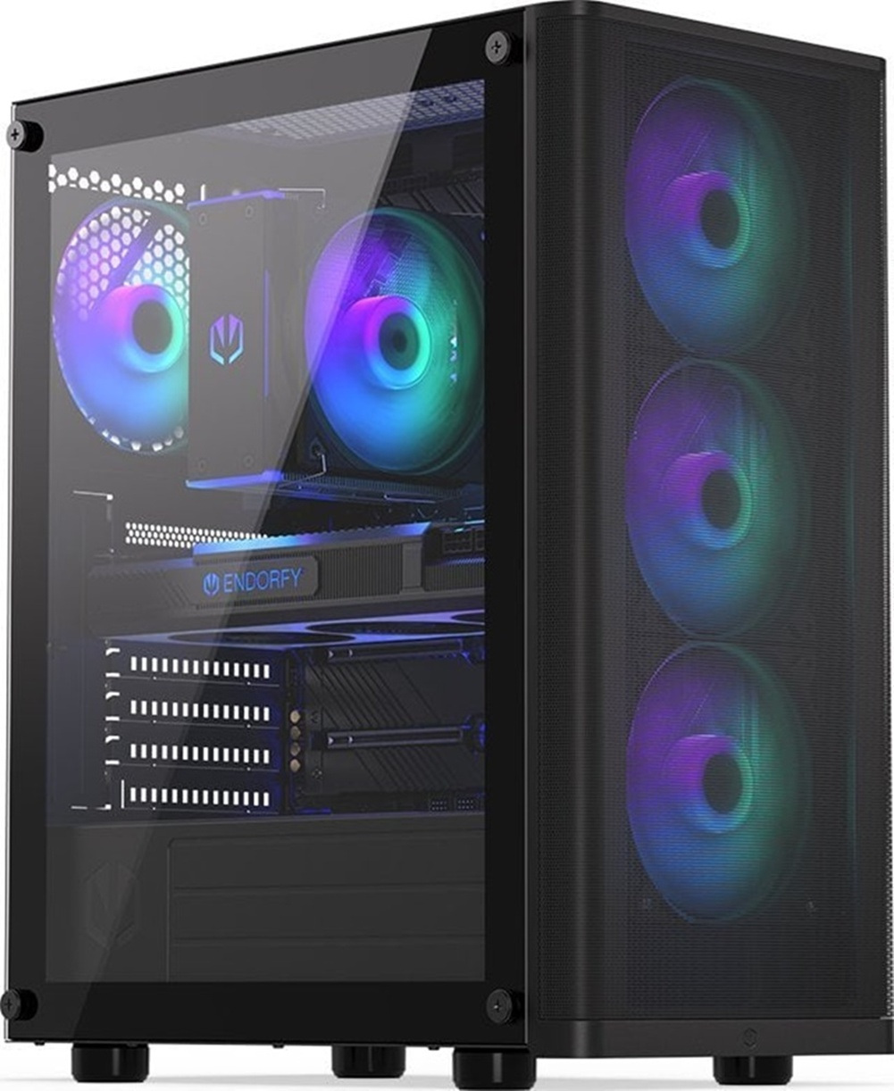 Case PC nero con ventole RGB. La parte anteriore ha tre ventole. Il lato ha una ventola e la parola Endorfy.