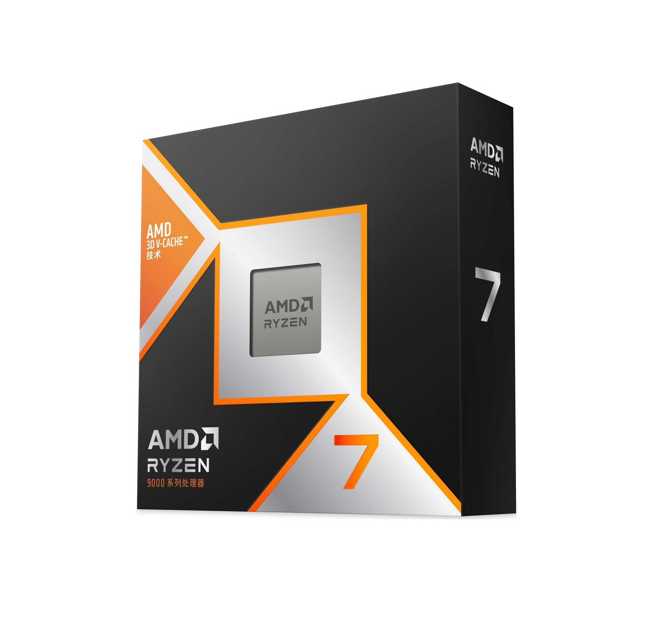 Scatola del processore AMD Ryzen 7. La scatola è nera con accenti arancioni e argento. Sfondo bianco.