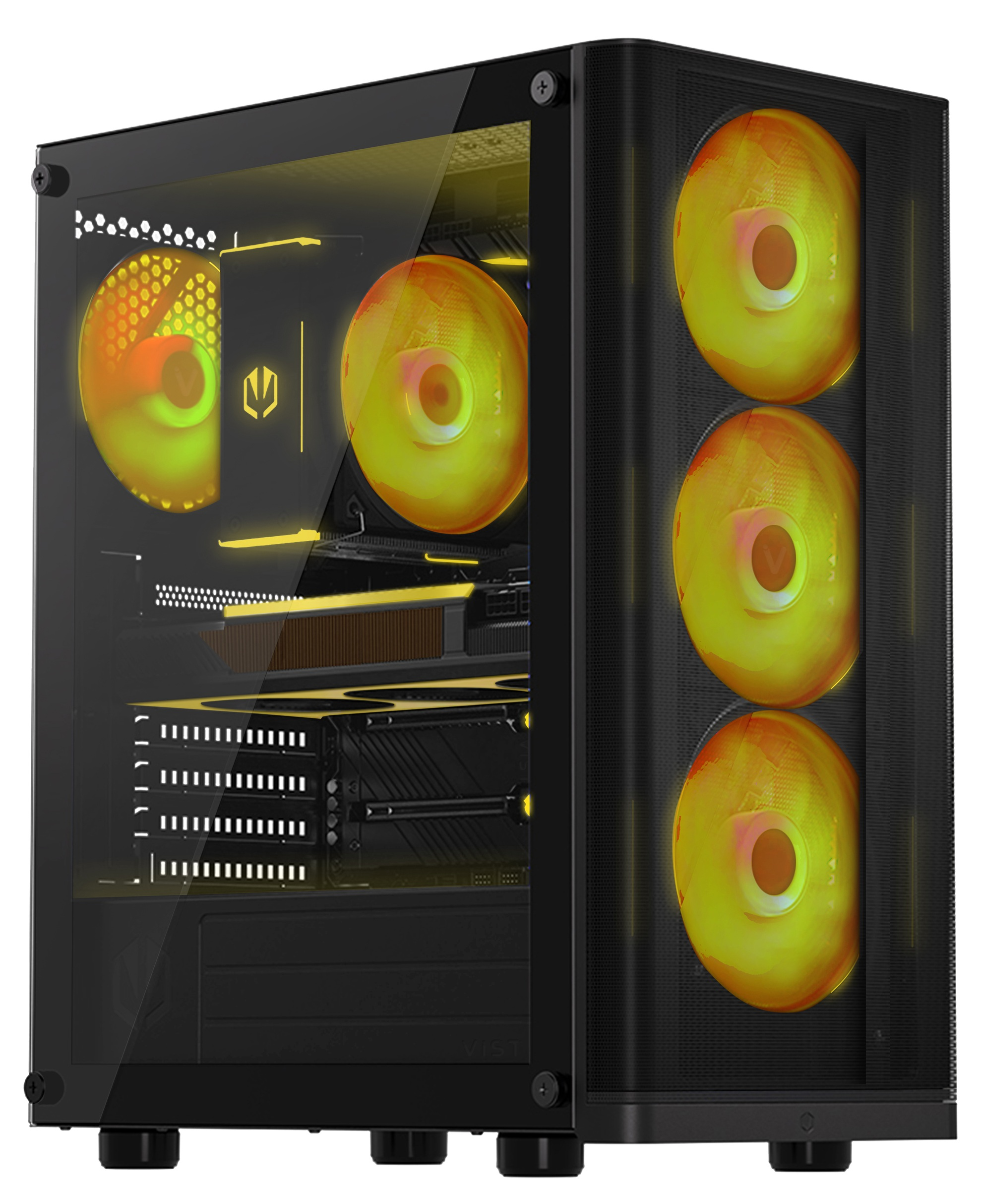 Case per PC nero con lato in vetro, componenti interni e tre ventole giallo-arancio. Endorfy.