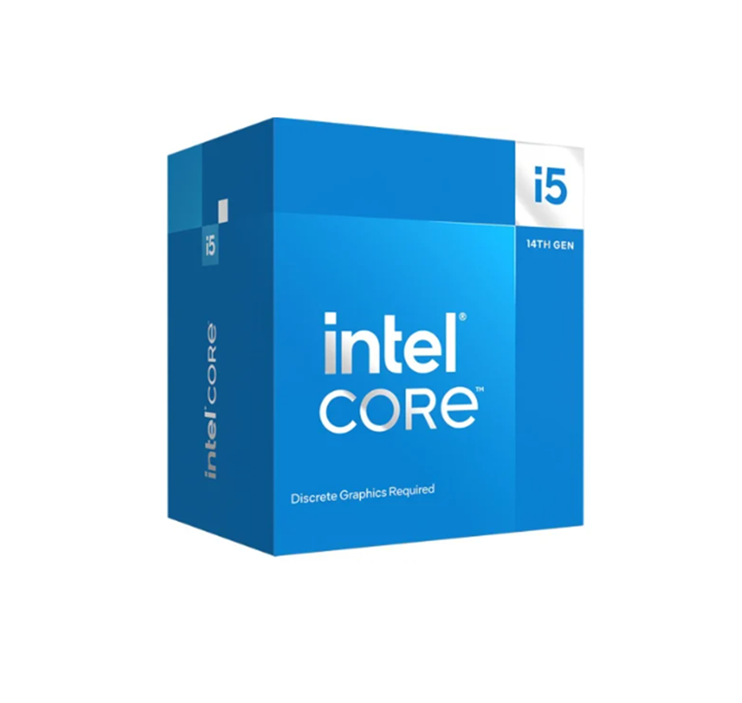 Una scatola blu del processore Intel Core i5 con il testo 'i5' e '14th Gen'. La scatola è blu.