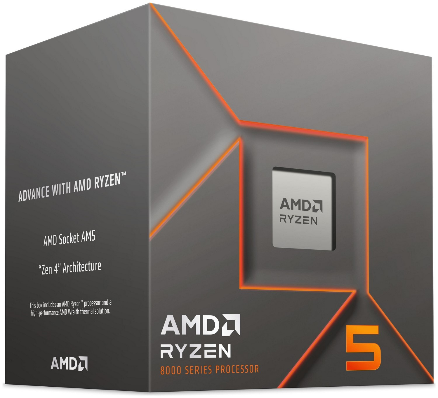 Una scatola grigia del processore AMD Ryzen con il logo e il marchio AMD Ryzen visibili.