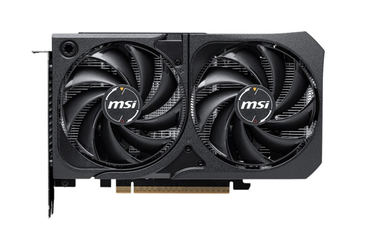 Scheda grafica MSI nera con due ventole. Il logo è al centro di ogni ventola.