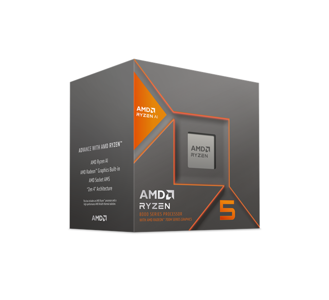 Una scatola con AMD Ryzen 5. La scatola è nera e arancione. Il logo AMD Ryzen è sulla parte anteriore.