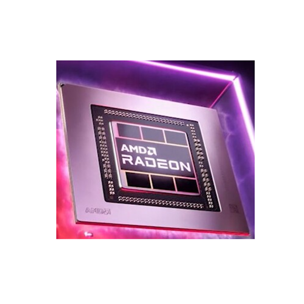 Un chip per scheda grafica AMD Radeon. Il chip è all'interno di una cornice metallica quadrata.