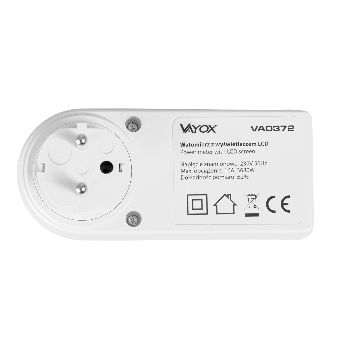 Biały miernik mocy z tekstem i symbolami. Ma wtyczkę i gniazdo.