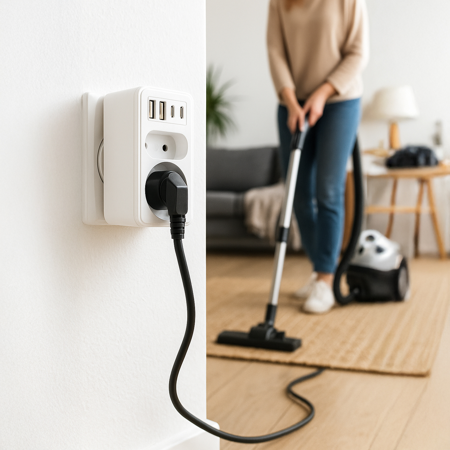 Biały adapter zasilania w gniazdku. W tle odkurzacz.