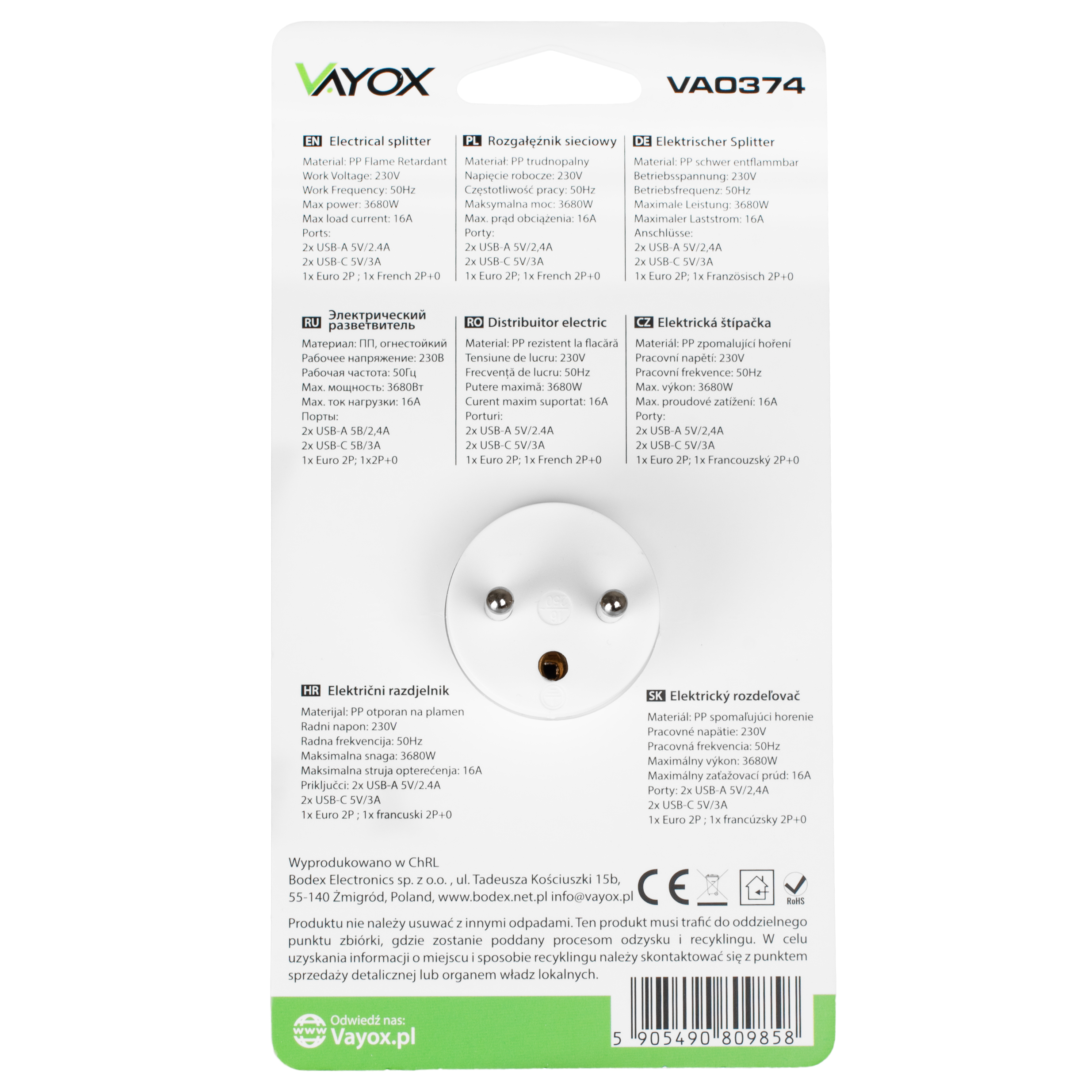 Biała kartka z tekstem w wielu językach, w tym polskim, rosyjskim i angielskim, o rozdzielaczu elektrycznym.