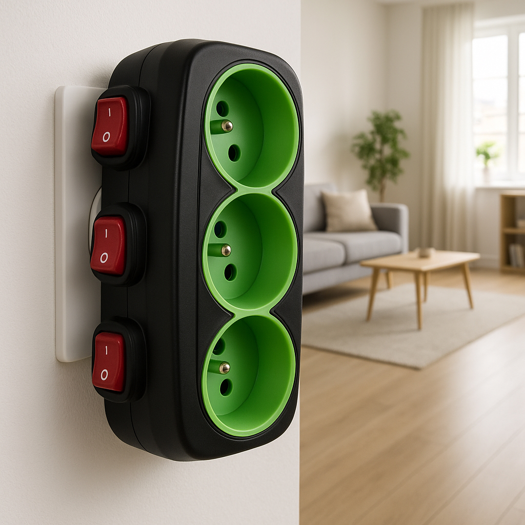 Czarna listwa zasilająca na ścianie z trzema zielonymi gniazdami, trzema czerwonymi przełącznikami. Wnętrze.