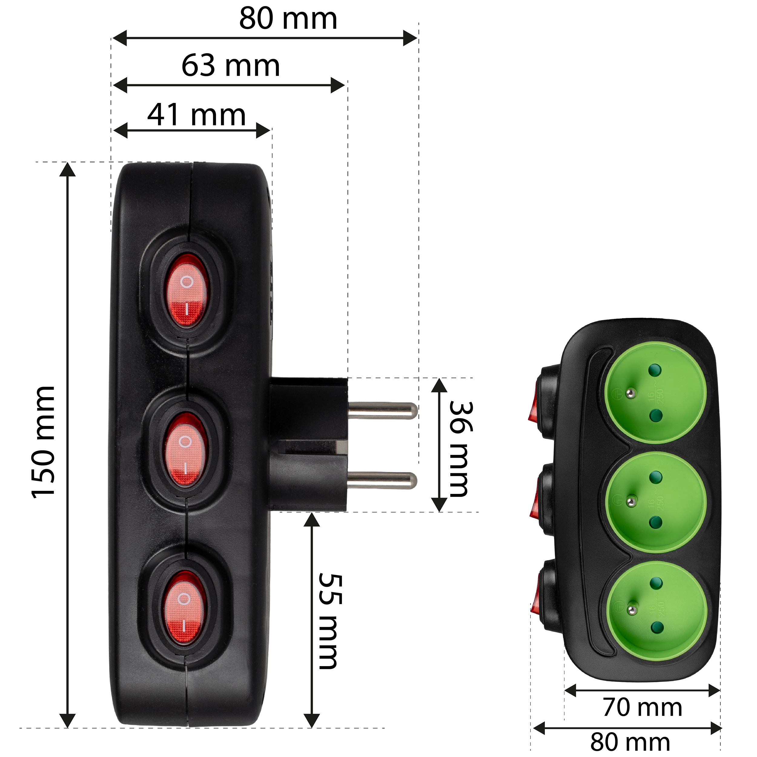 Schemat wymiarów czarnej listwy zasilającej z trzema zielonymi gniazdami i czerwonymi przełącznikami.