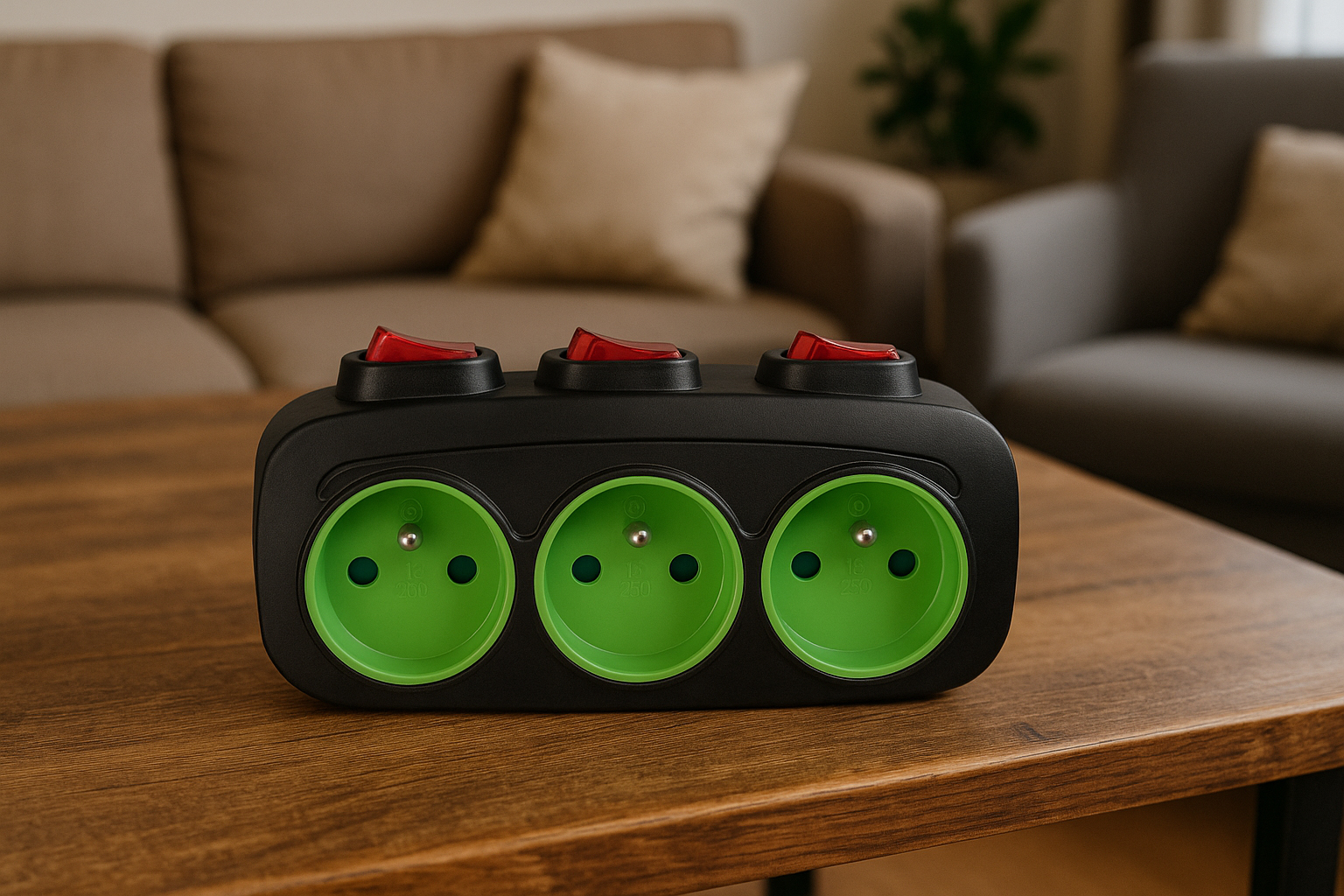 Czarna listwa zasilająca z trzema zielonymi gniazdami i czerwonymi przełącznikami, na drewnianym stole. W tle sofa.