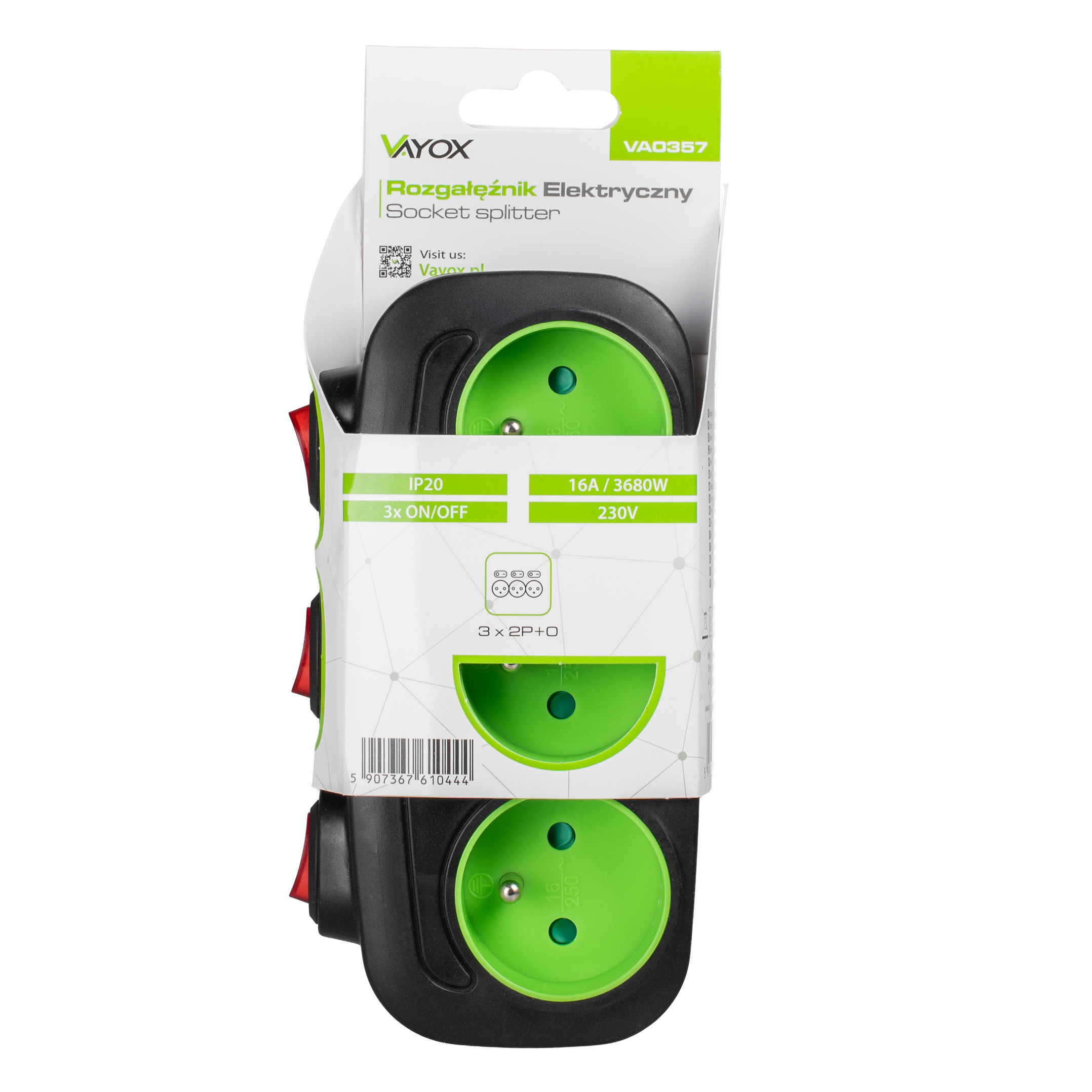 Rozgałęźnik gniazd w opakowaniu, z trzema zielonymi gniazdami i czerwonymi przełącznikami. Tekst po polsku.