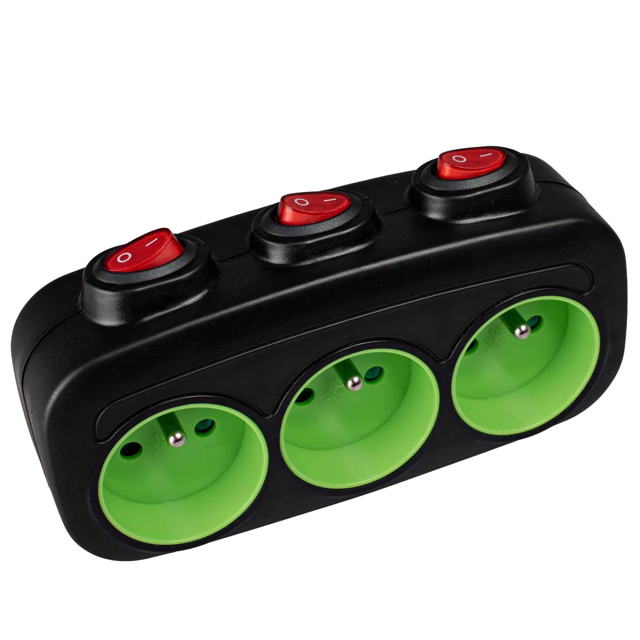 Czarna listwa zasilająca z trzema zielonymi gniazdami i czerwonymi przełącznikami.