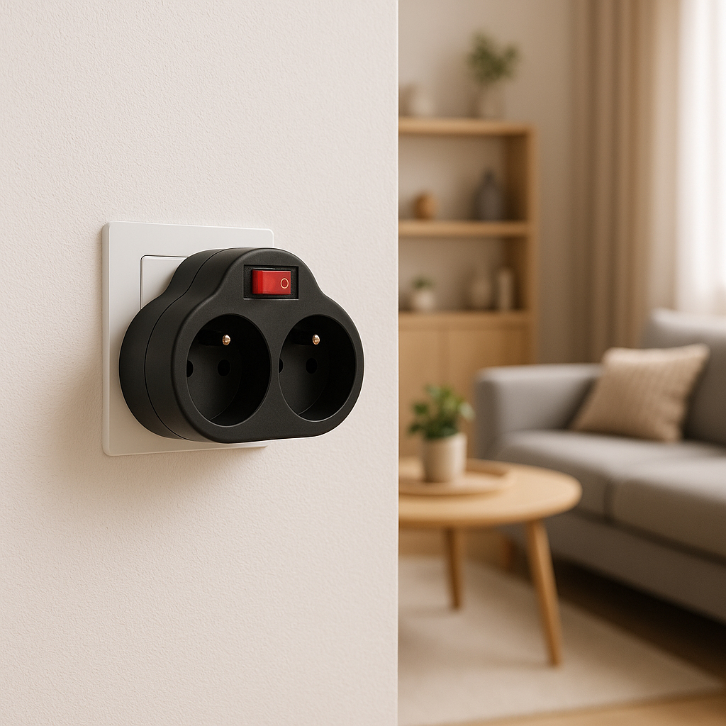 Czarny podwójny adapter z czerwonym włącznikiem/wyłącznikiem, w gniazdku.