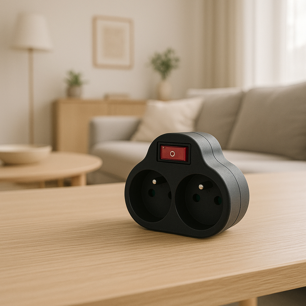 Czarny rozdzielacz gniazd z czerwonym przełącznikiem na drewnianym stole. W tle pokój z sofą i lampą.