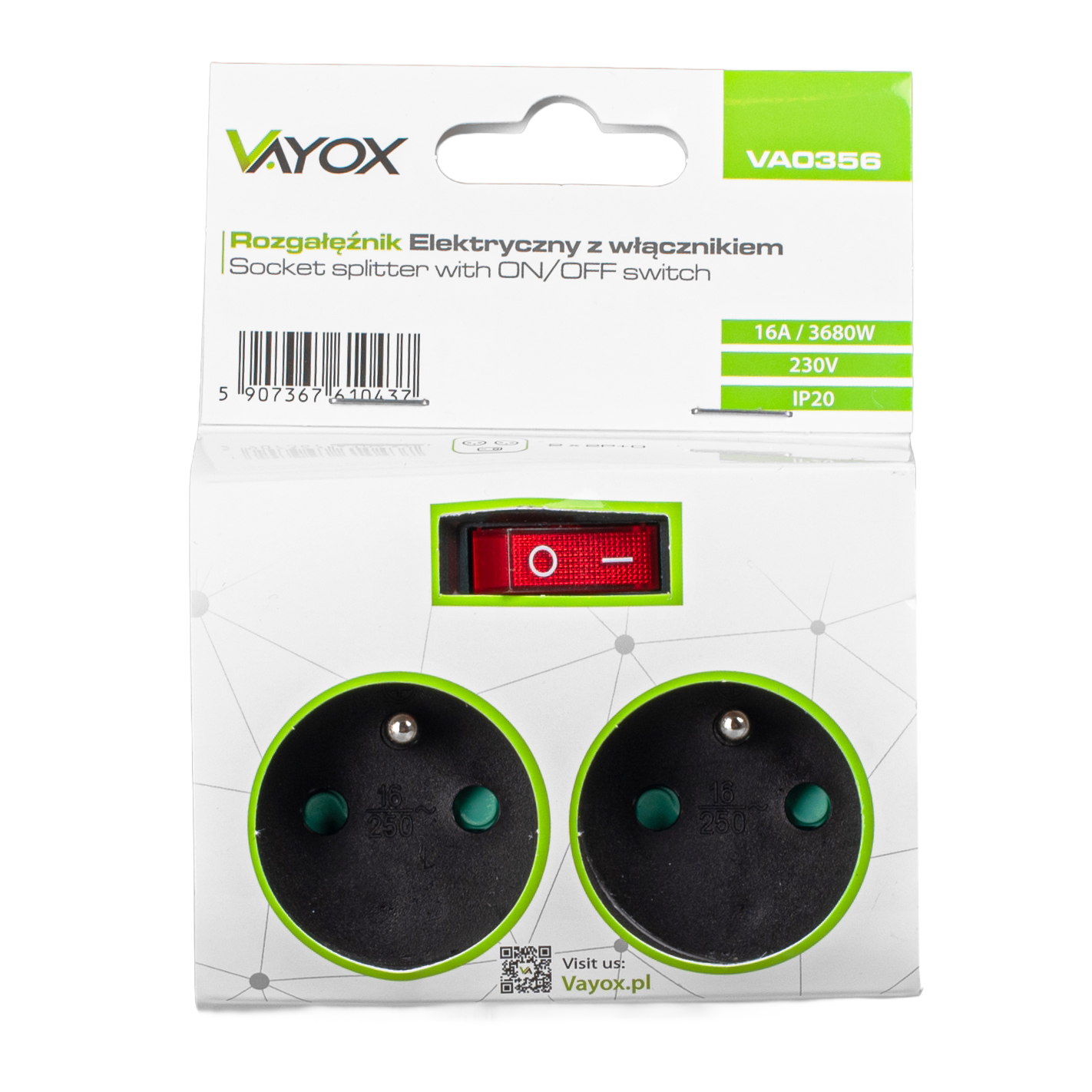 Opakowanie adaptera zasilania z dwoma gniazdami i przełącznikiem.