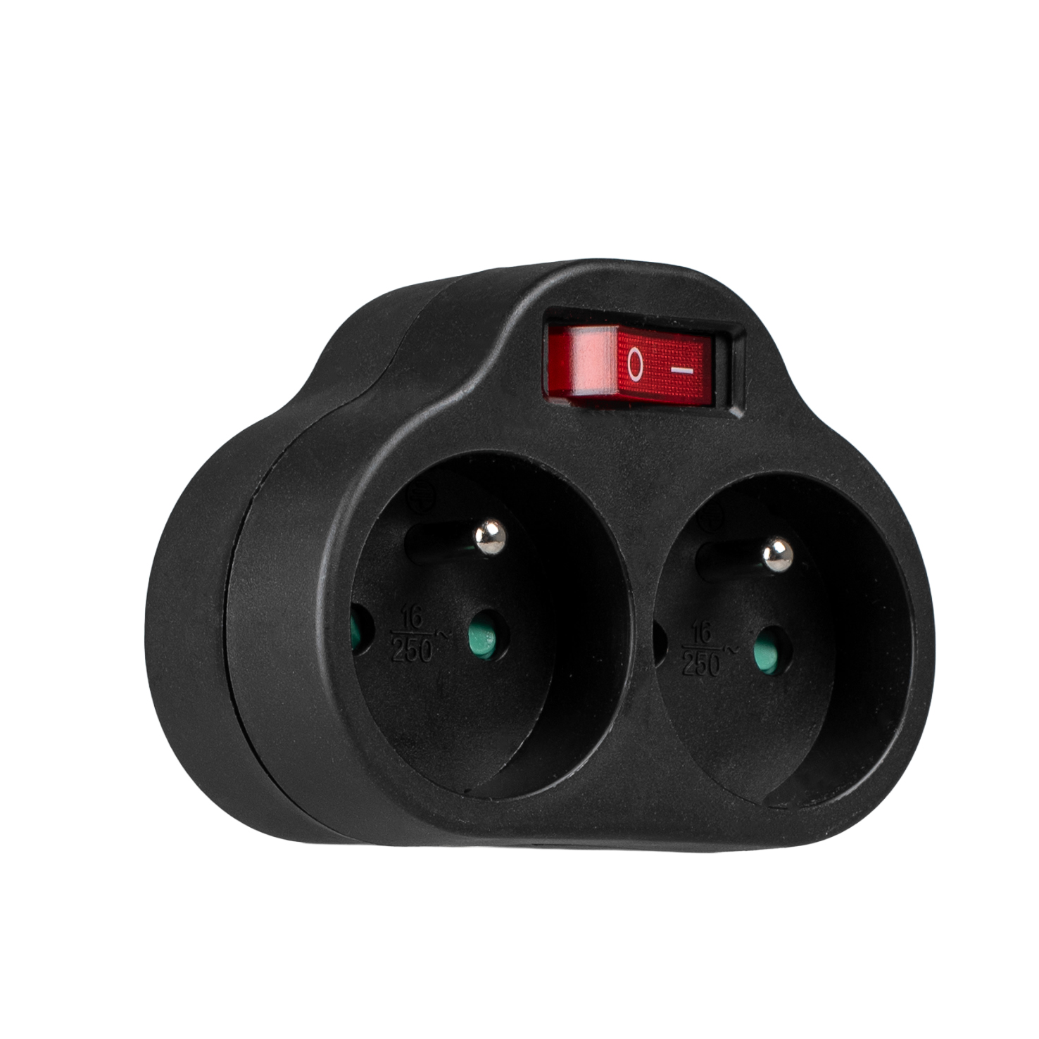 Czarny podwójny adapter z czerwonym włącznikiem/wyłącznikiem.