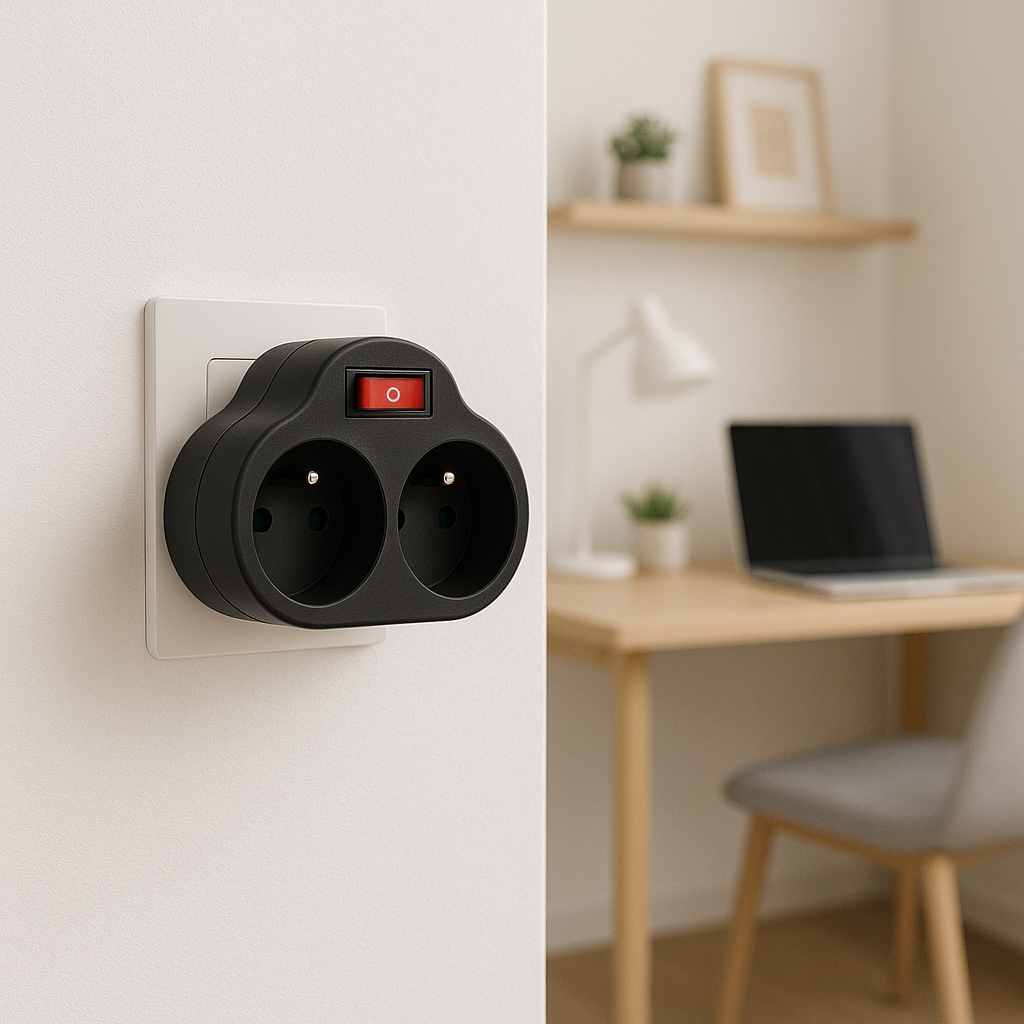 Czarny rozdzielacz gniazd z czerwonym przełącznikiem zamontowany na białej ścianie. W tle biurko, lampa i laptop.
