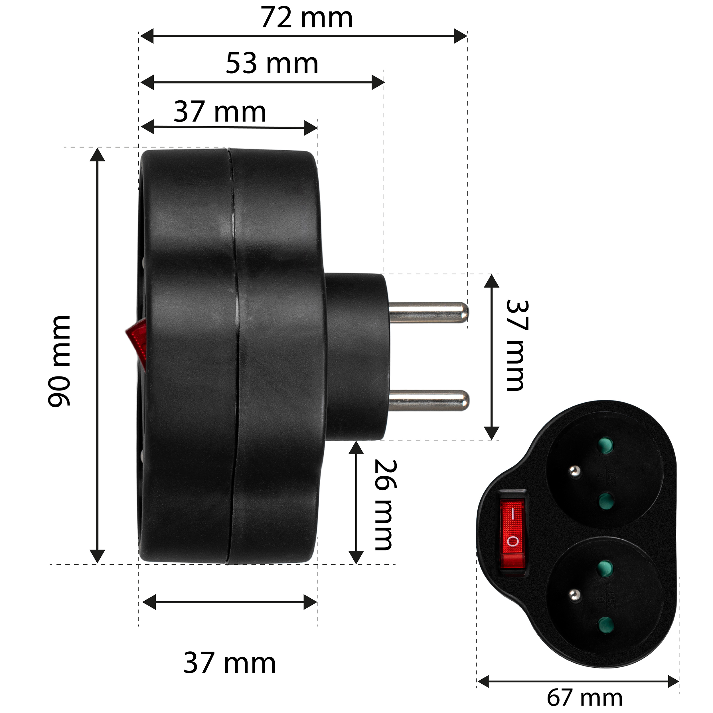 Rysunek techniczny adaptera podwójnego, pokazujący wymiary w milimetrach.