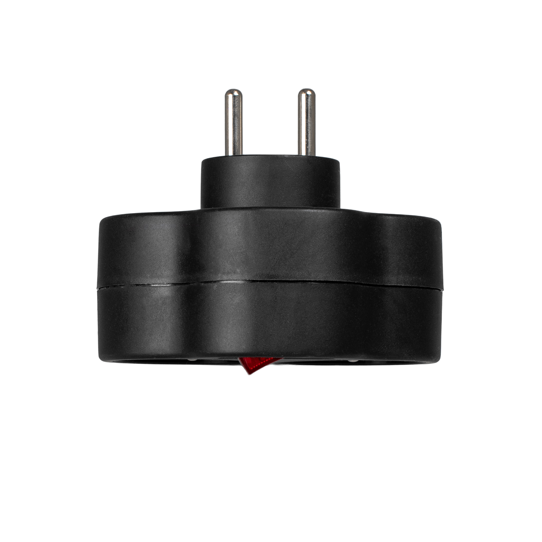 Czarny adapter z bolcami i czerwonym przełącznikiem.