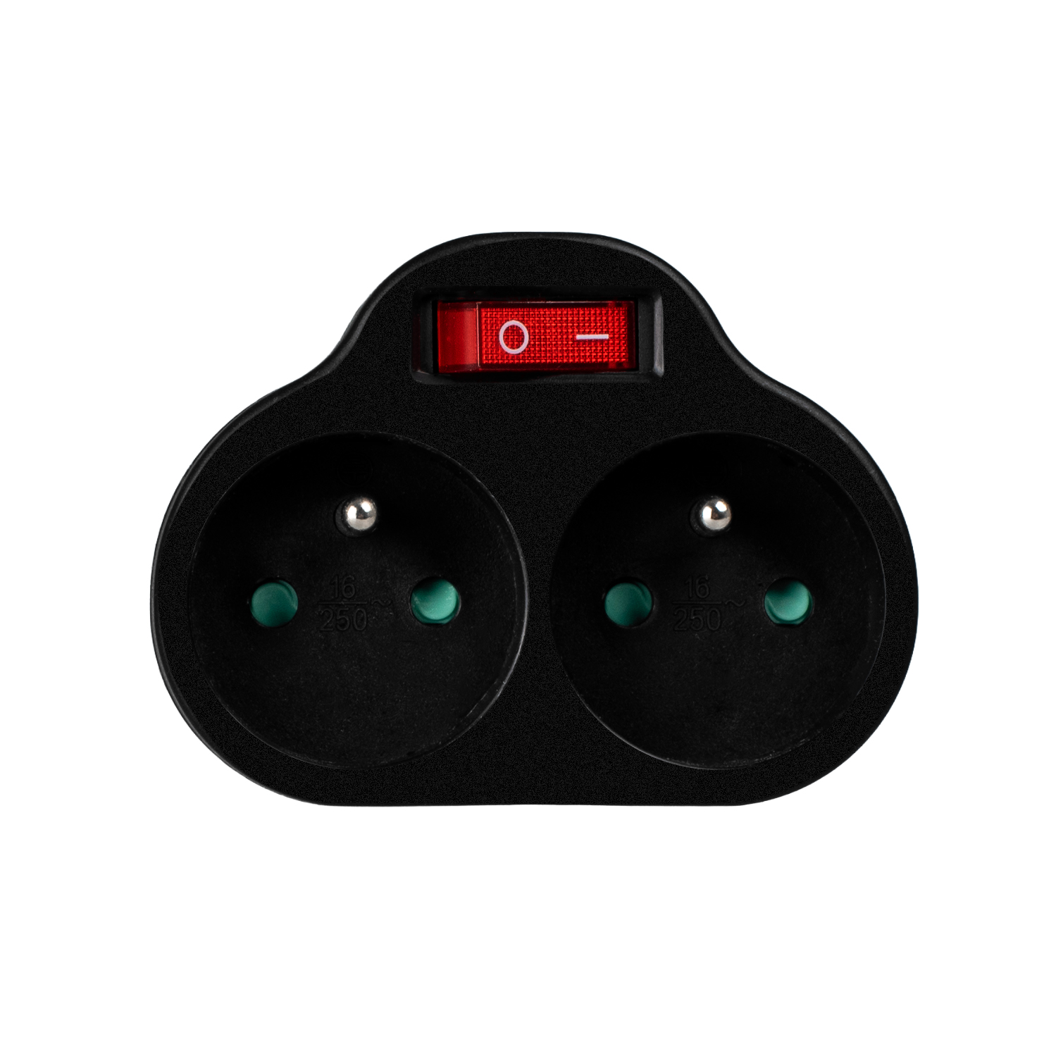 Czarny adapter z dwoma gniazdami i czerwonym przełącznikiem.