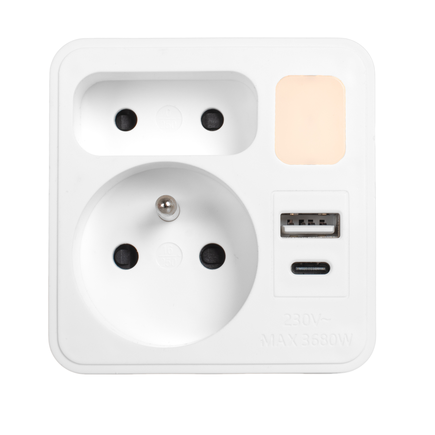 Biały adapter z dwoma gniazdami, portem USB i światłem.