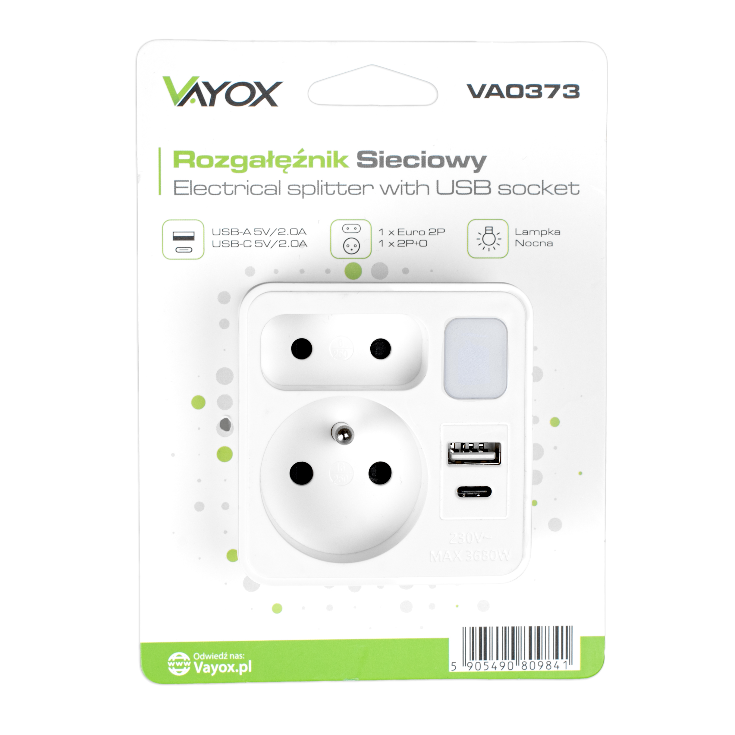 Rozdzielacz elektryczny z USB i gniazdem euro w opakowaniu.