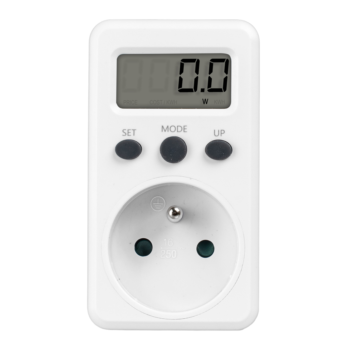 Biały miernik mocy z cyfrowym wyświetlaczem, przyciskami i gniazdem.