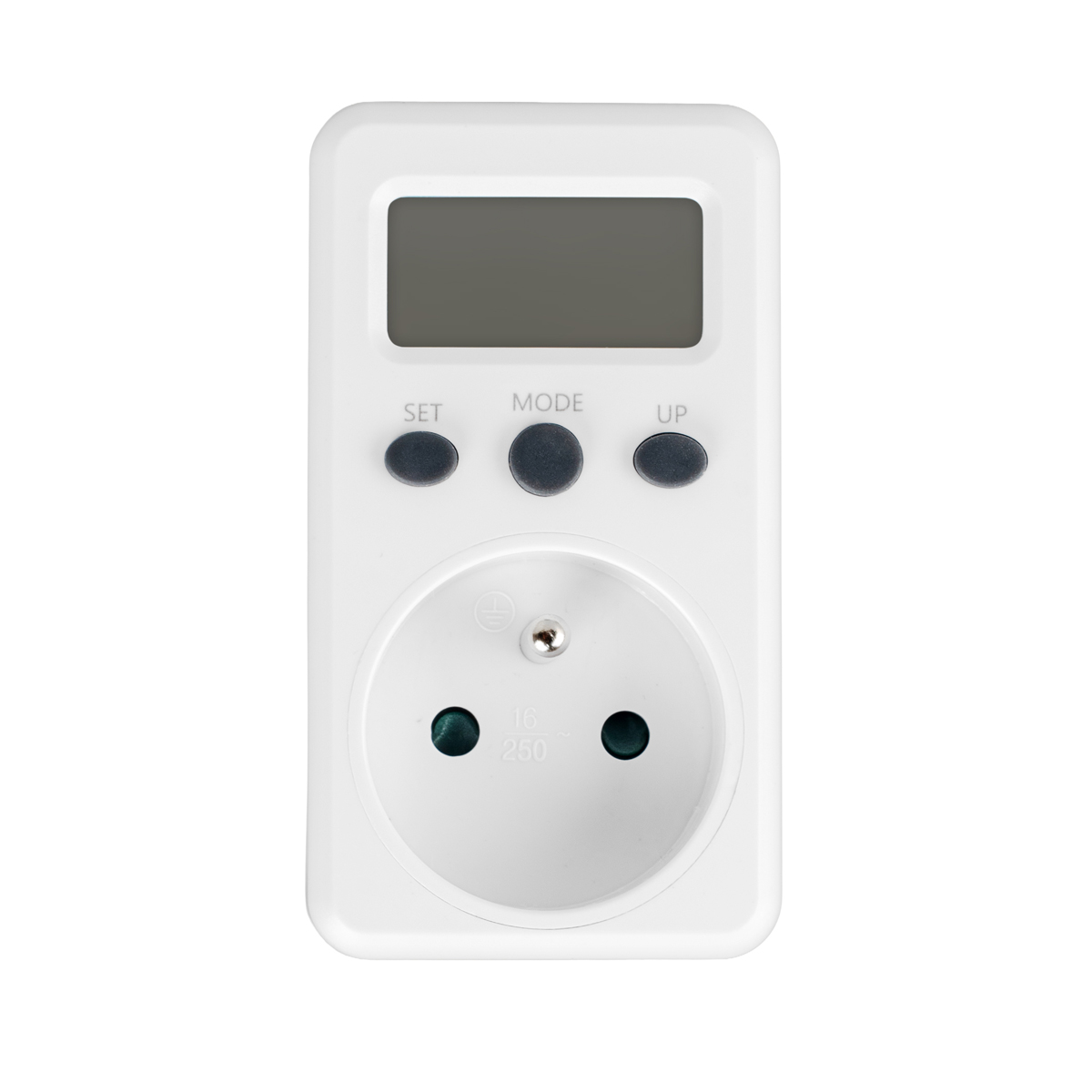 Biały miernik mocy z wyświetlaczem, przyciskami i gniazdem.