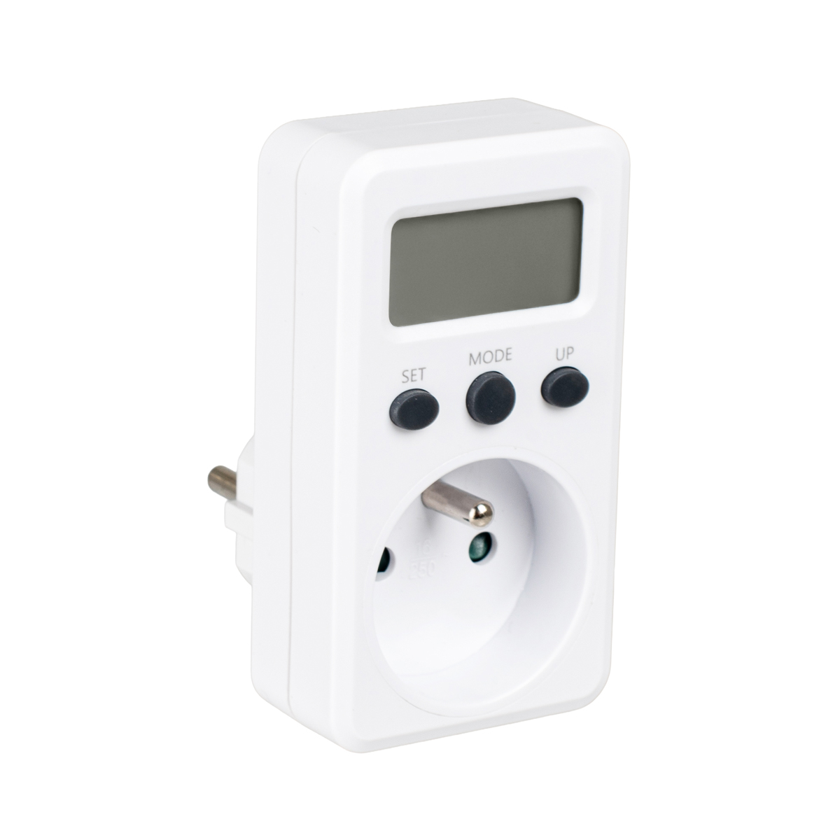 Biały miernik mocy z wyświetlaczem, przyciskami i wtyczką.