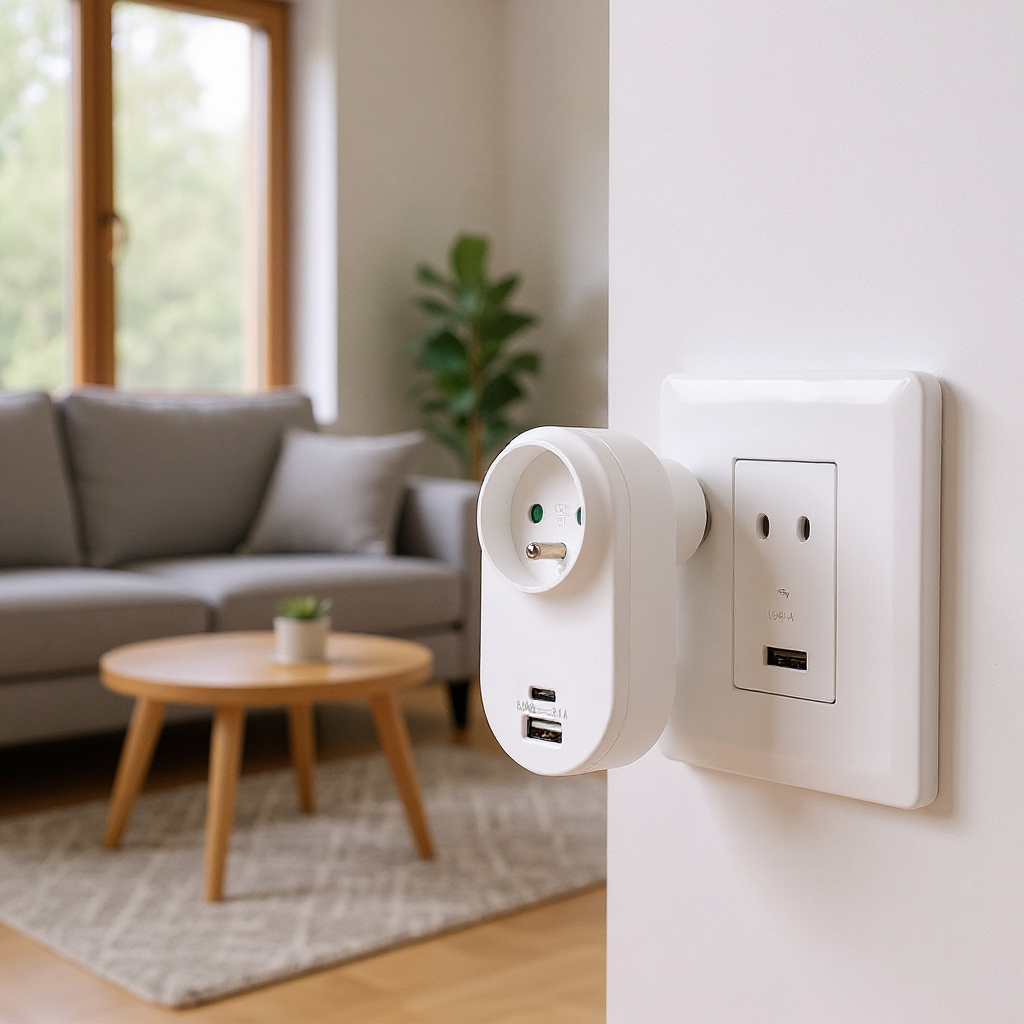 Biały adapter wpięty do gniazda ściennego obok gniazda ściennego z portami USB. Rozmyty pokój.