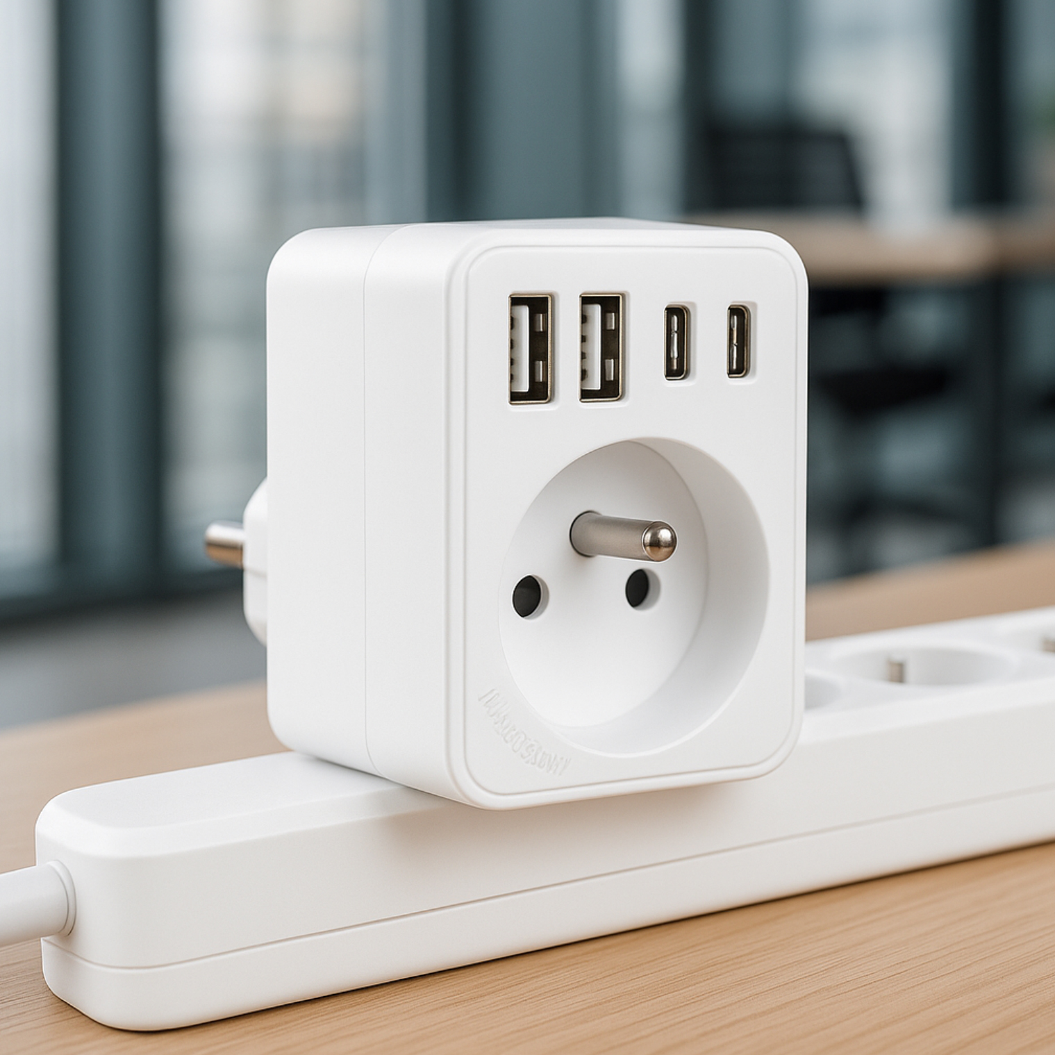 Biały adapter z trzema portami USB i gniazdem na białej listwie zasilającej na drewnianym stole.