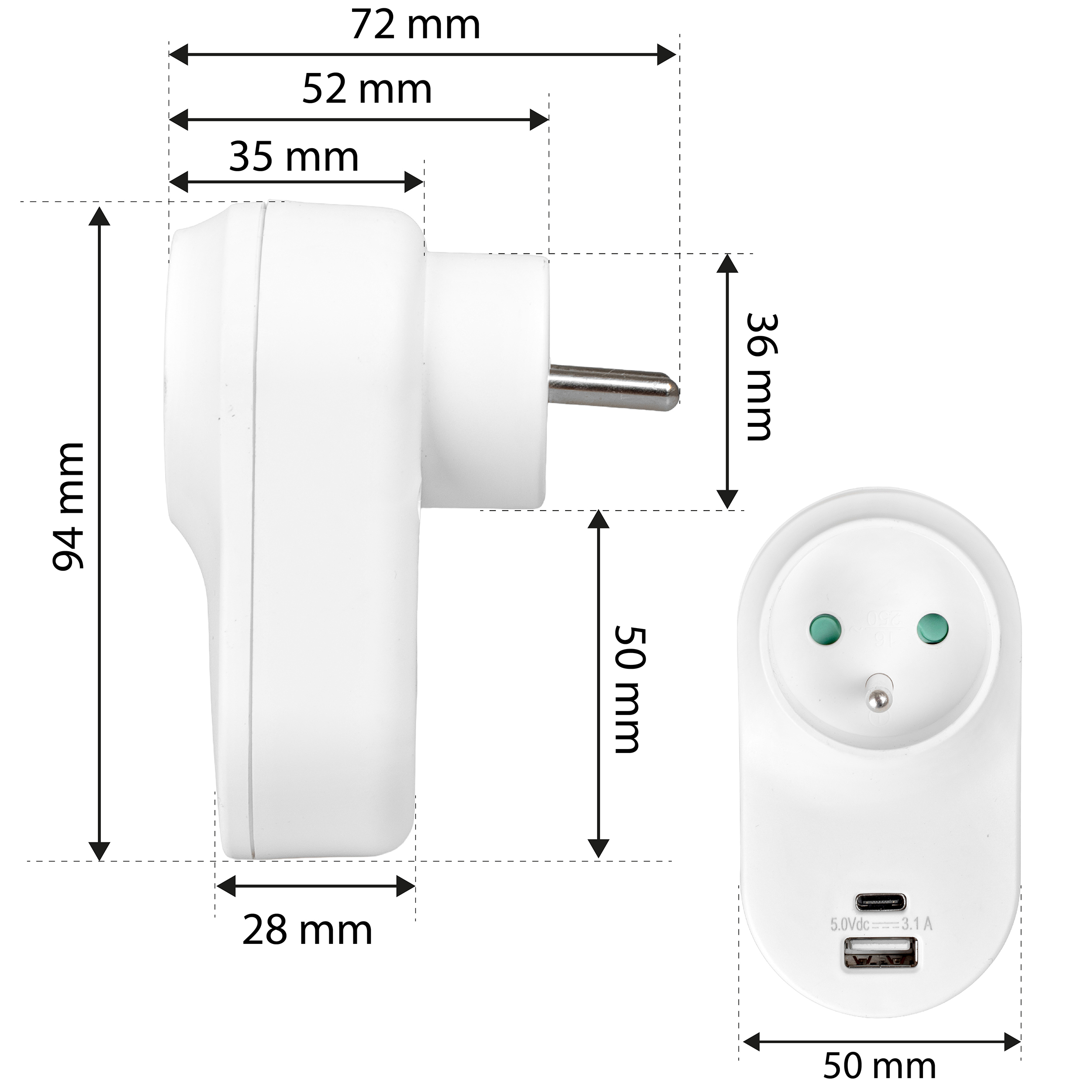 Biały adapter z wymiarami. Ma dwa gniazda, port USB i wymiary oznaczone w mm.