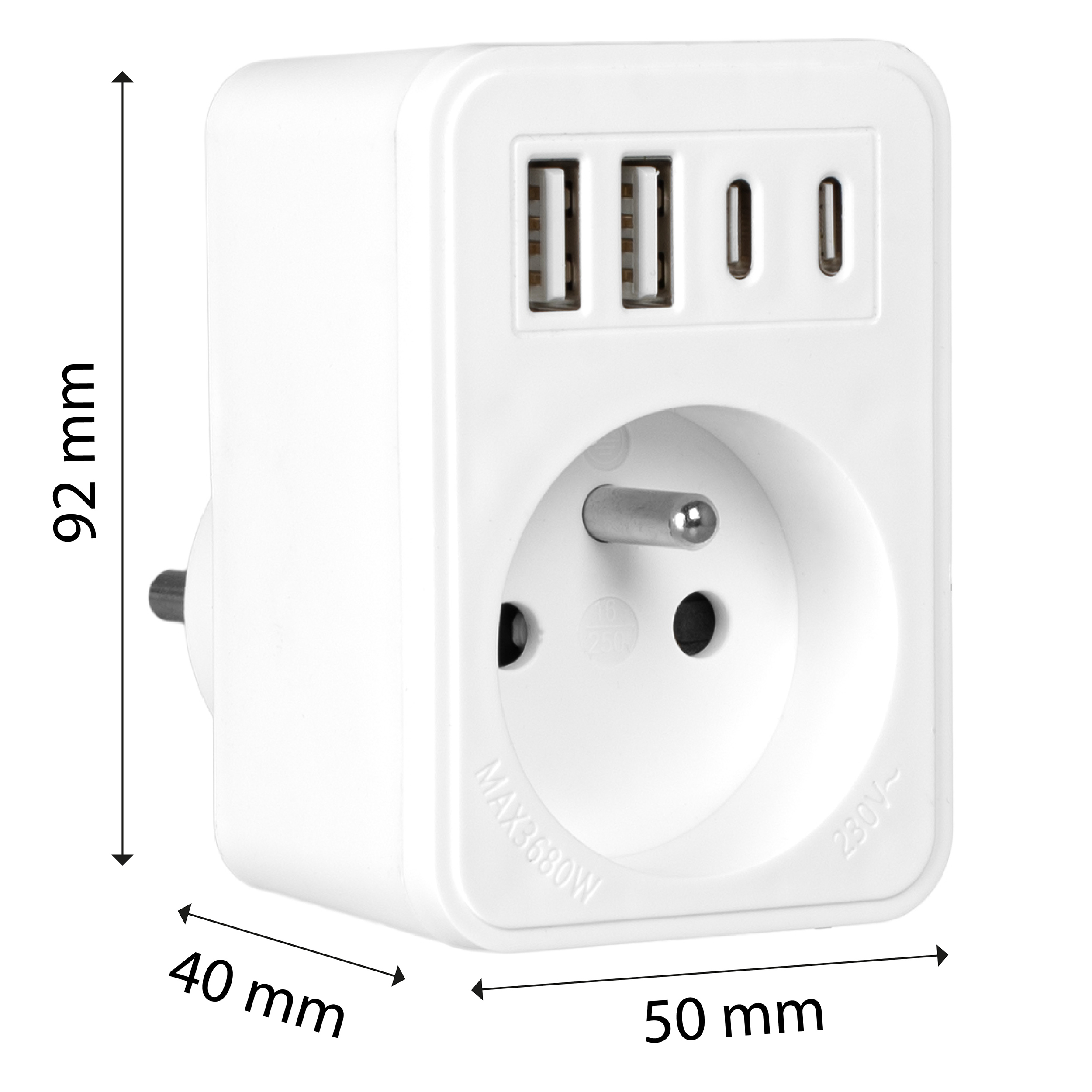 Biały adapter z wymiarami. Ma trzy porty USB, gniazdo i wymiary oznaczone w mm.