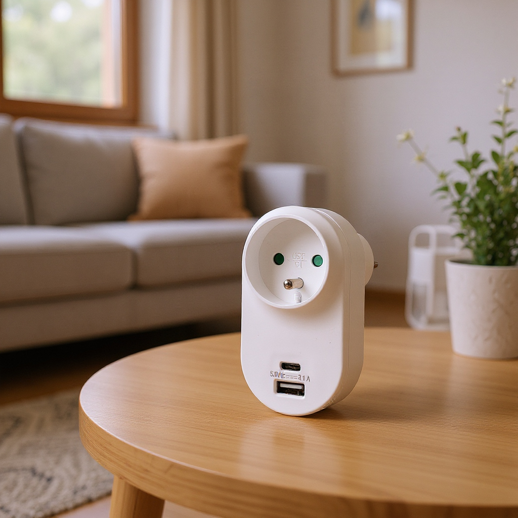 Biały adapter na drewnianym stole. Adapter ma gniazdo i porty USB. Rozmyte tło salonu.