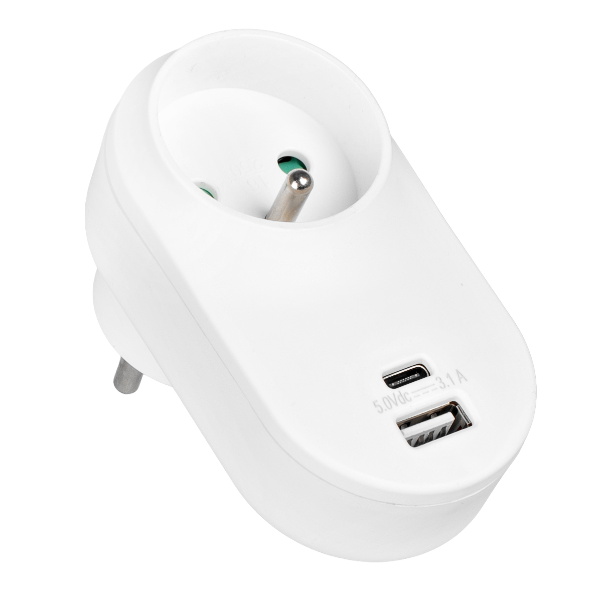 Biały adapter z gniazdem, portami USB i etykietą.