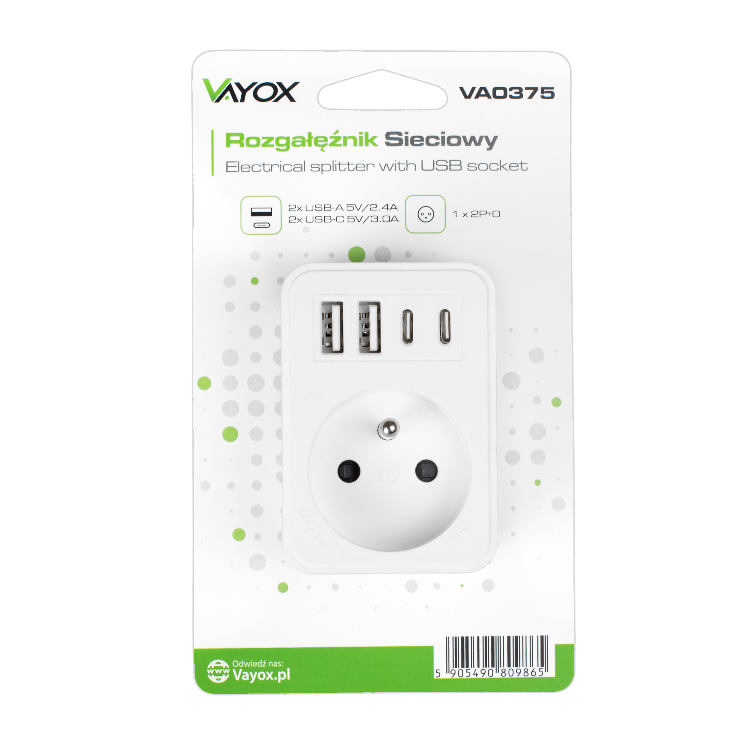 Biało-zielone opakowanie adaptera z tekstem i grafiką, na białym tle.