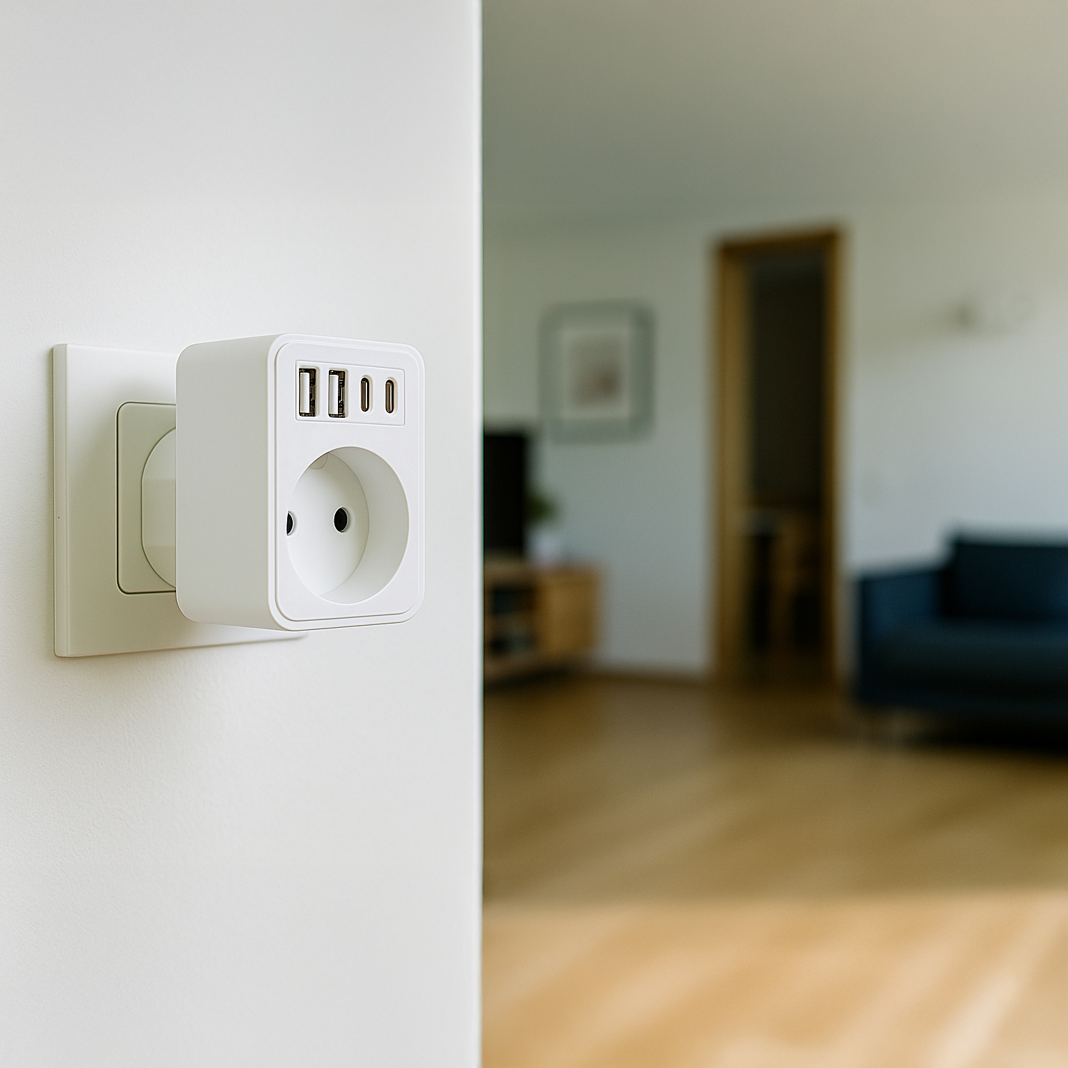 Biały adapter wpięty do gniazdka ściennego. Ściana jest biała, w tle rozmyty pokój.