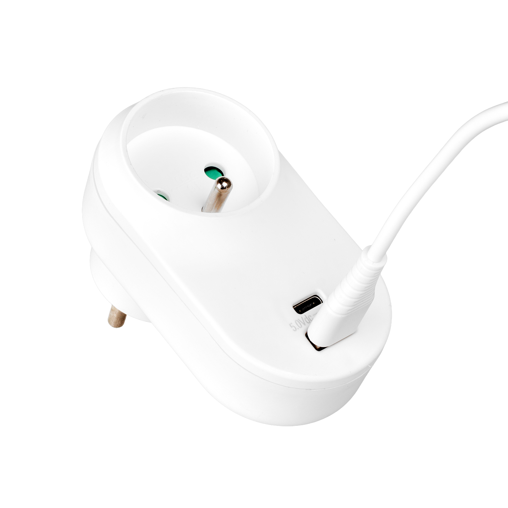 Biały zasilacz z portem USB i białym kablem. Adapter znajduje się na białym tle.