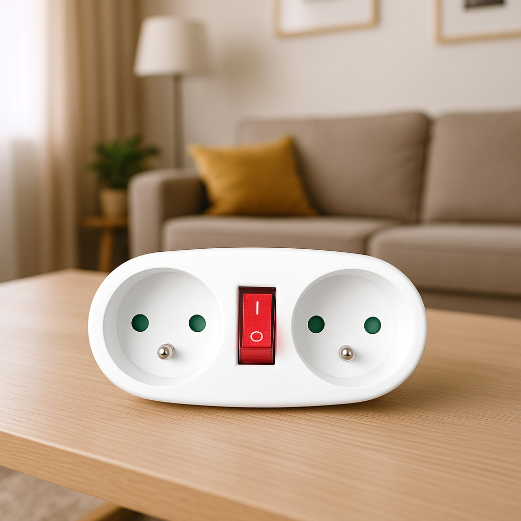 Białe gniazdko z czerwonym przełącznikiem na drewnianym stole. W tle sofa i lampa.