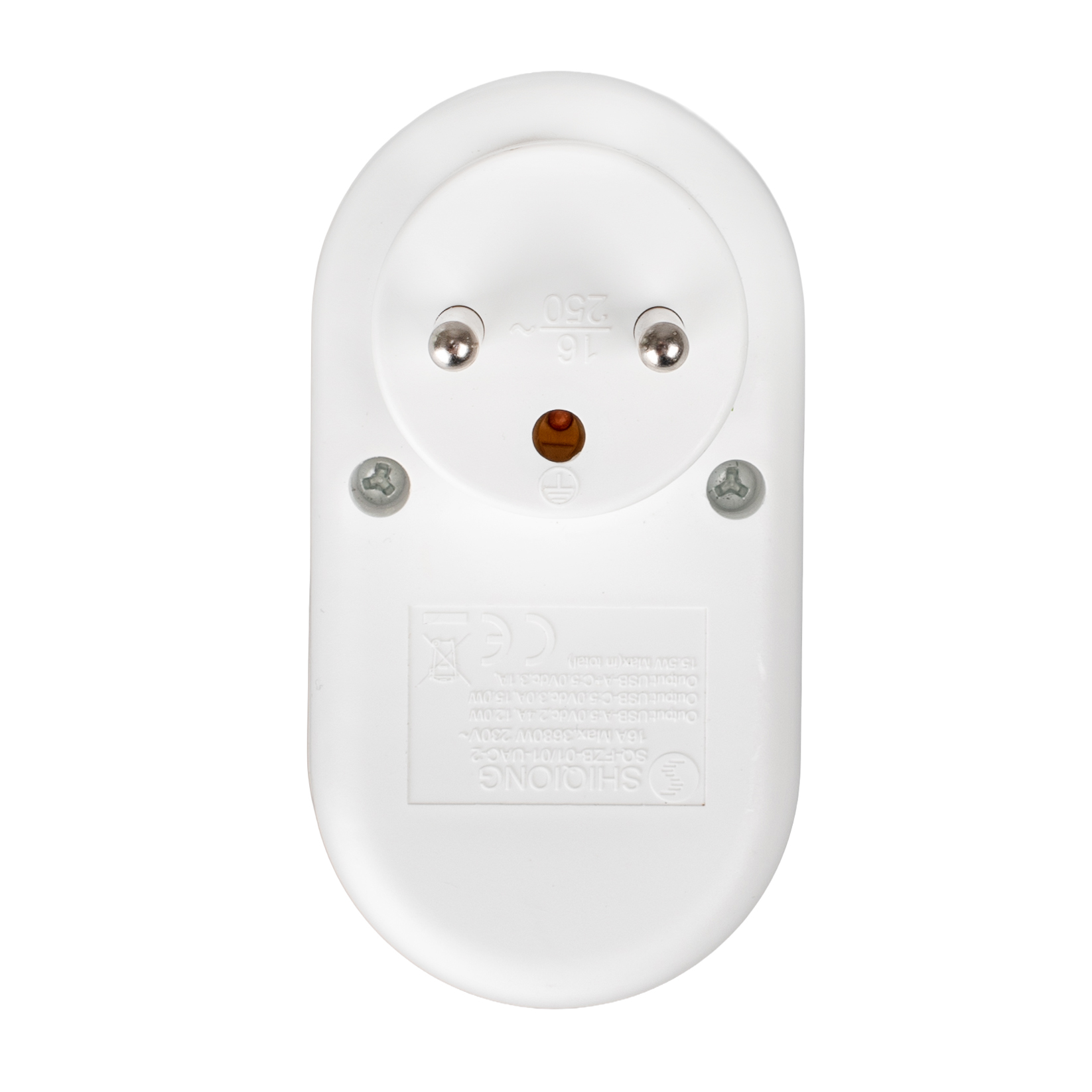 Tył białego zasilacza z trzema śrubami i tekstem na dole.