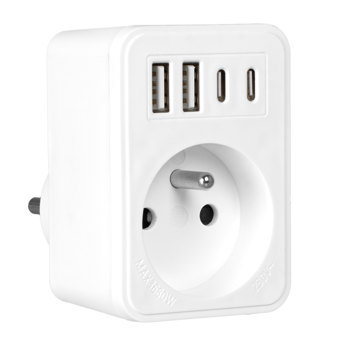 Biały adapter z gniazdem, trzema portami USB i wtyczką. Adapter jest biały.