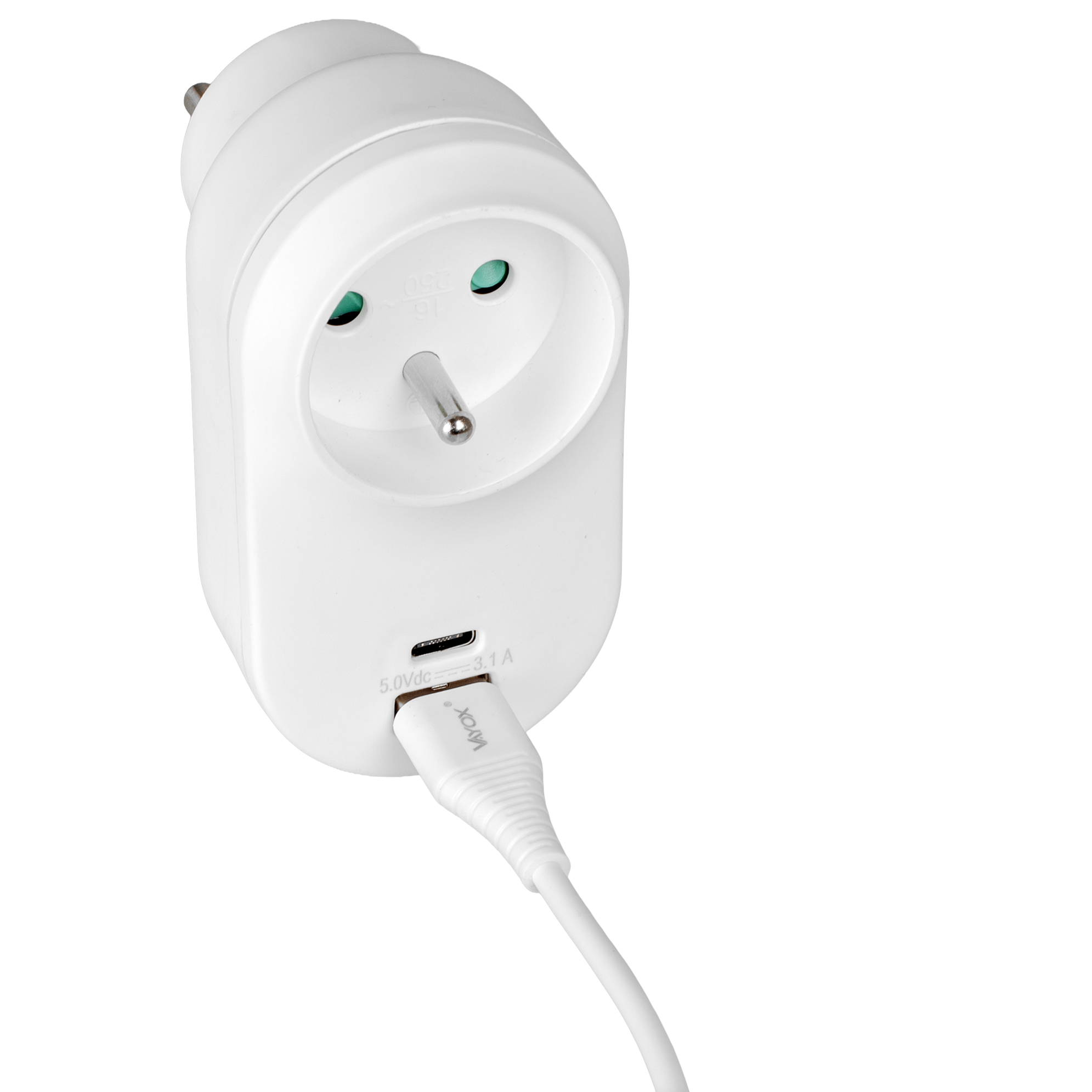 Biały adapter z portem USB-C i podłączonym kablem ładującym. Adapter ma wtyczkę i gniazdo.