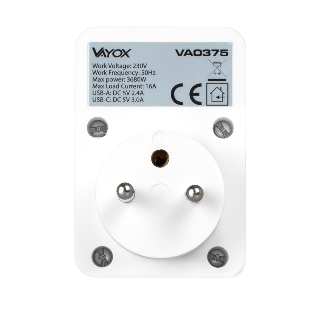 Biały adapter z gniazdem i znakiem CE, na białym tle.