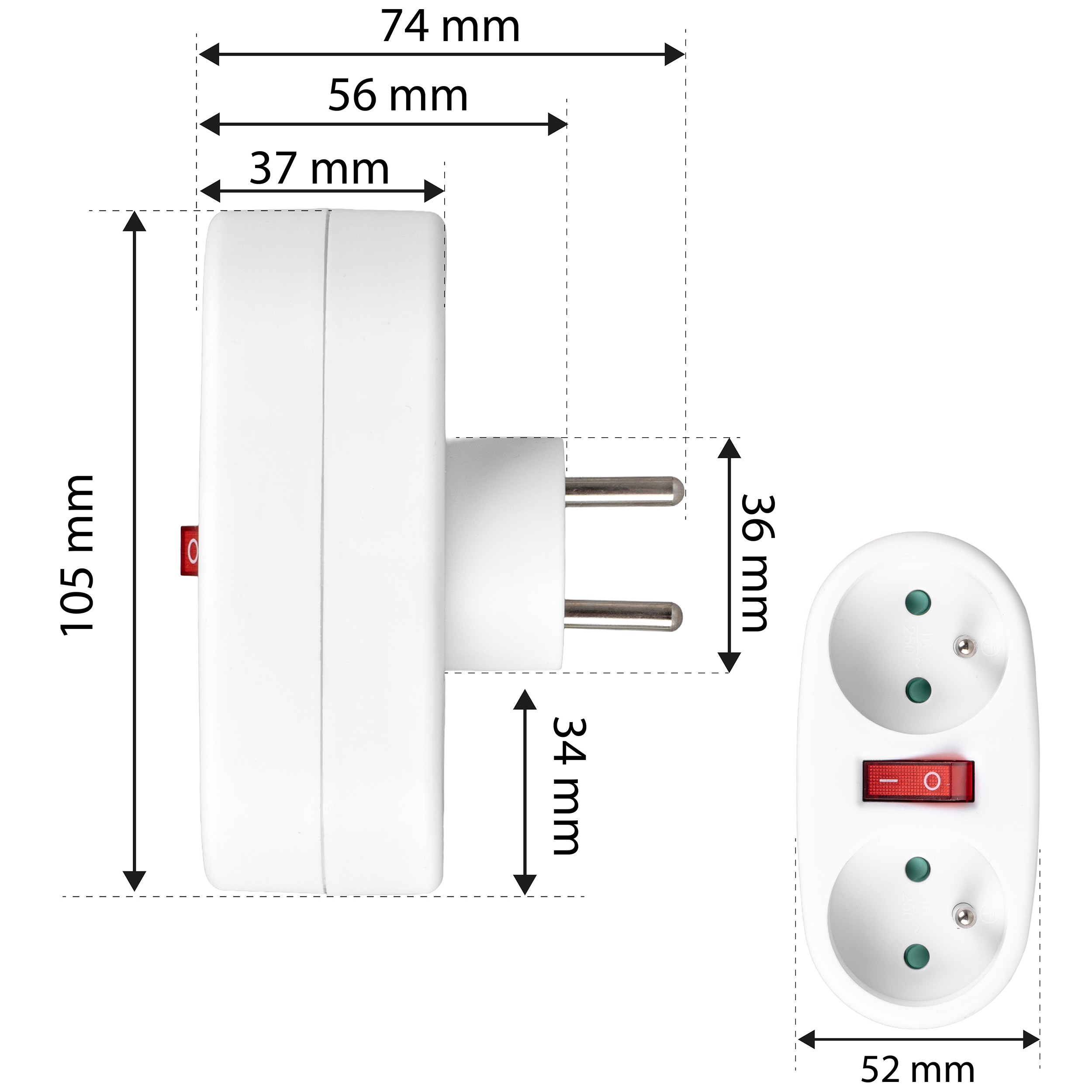 Schemat z wymiarami białego adaptera z dwoma gniazdami i przełącznikiem. Wymiary w mm.