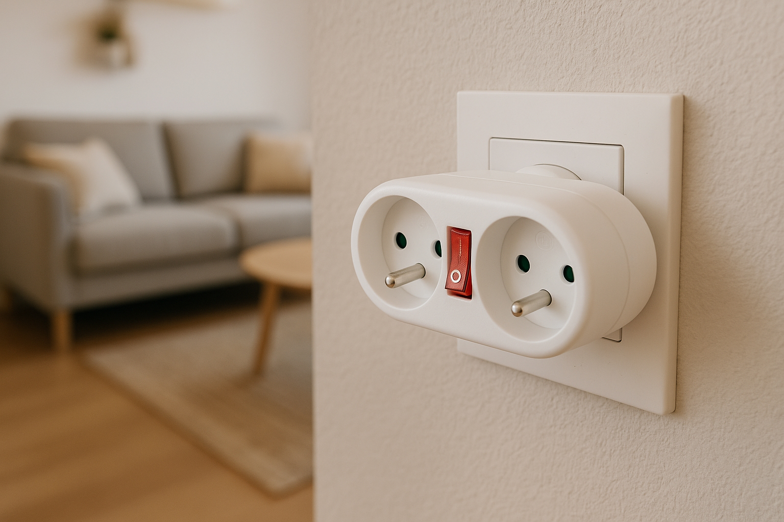 Białe gniazdo z czerwonym przełącznikiem zamontowane na ścianie. Widoczna sofa i stół.